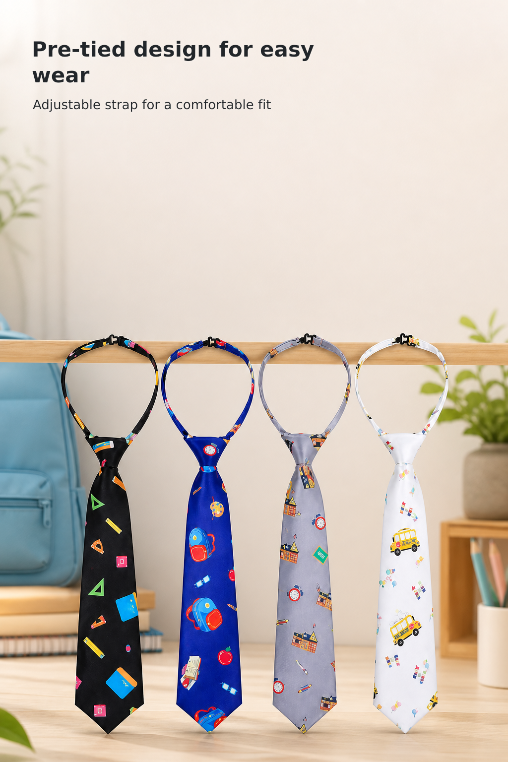 4-Pack Boys’ Pre-Tied Adjustable Ties